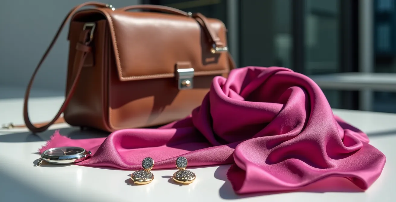 Detalle de accesorios de moda contemporáneos sobre escritorio ejecutivo minimalista