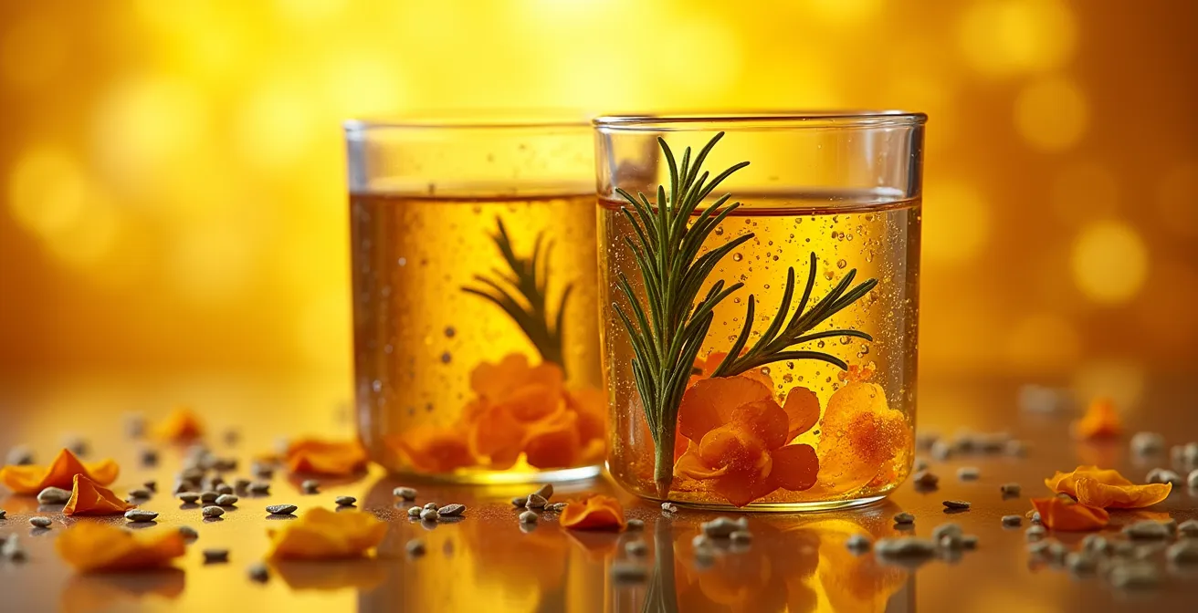 Detalle macro de aceites dorados con pétalos de flores y hierbas aromáticas en proceso de infusión