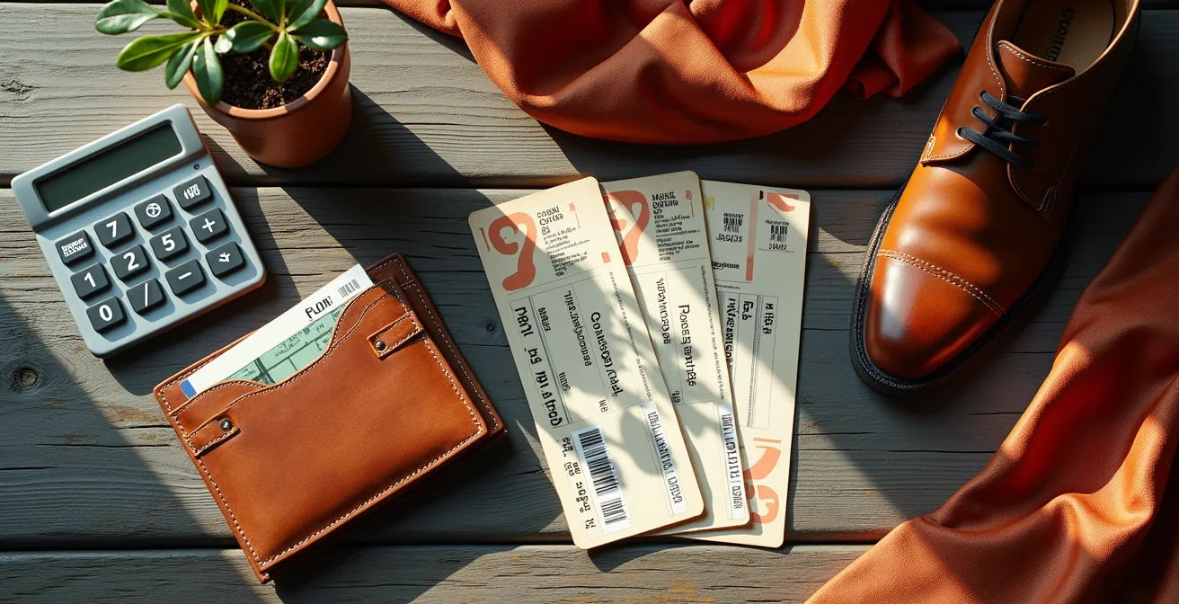 Composición visual mostrando elementos de viaje económico y moda de lujo en contraste armonioso