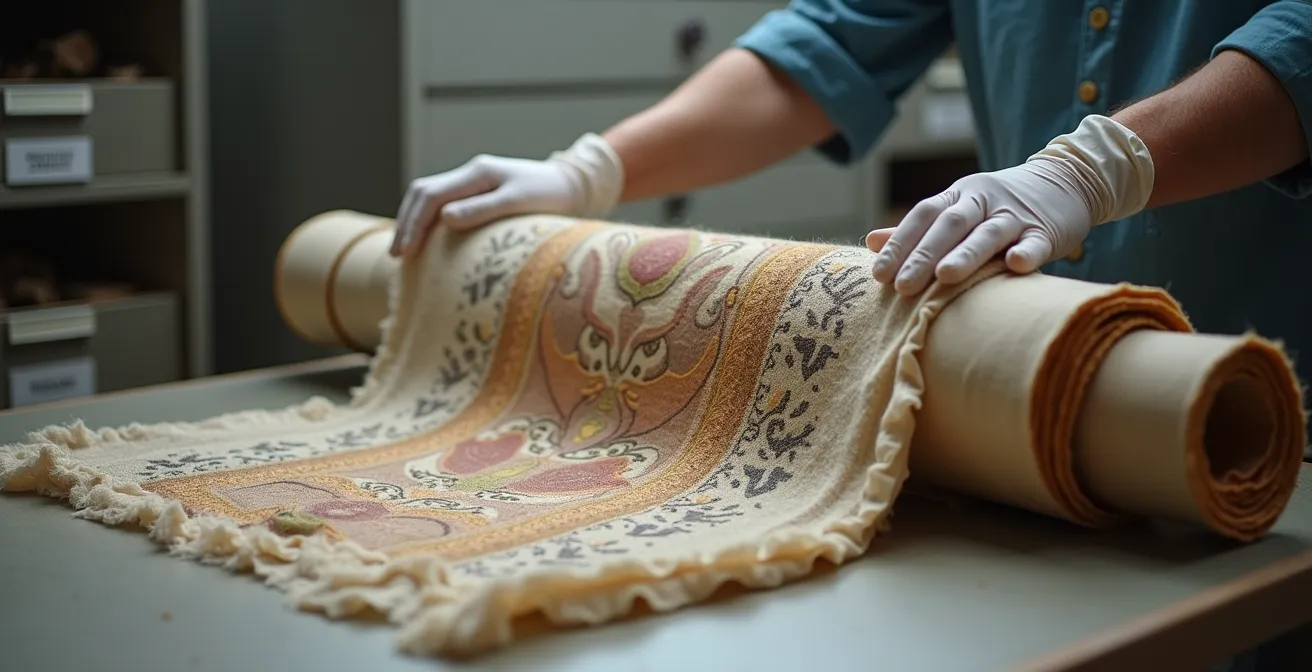 Vista de almacén de museo con cajones abiertos mostrando mantones antiguos enrollados en tubos de conservación