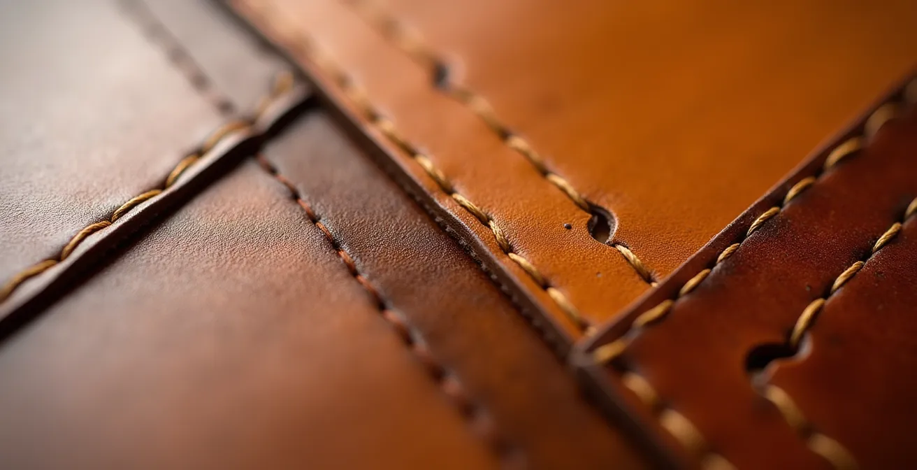 Detalle artesanal de un bolso de cuero español mostrando costuras y texturas premium