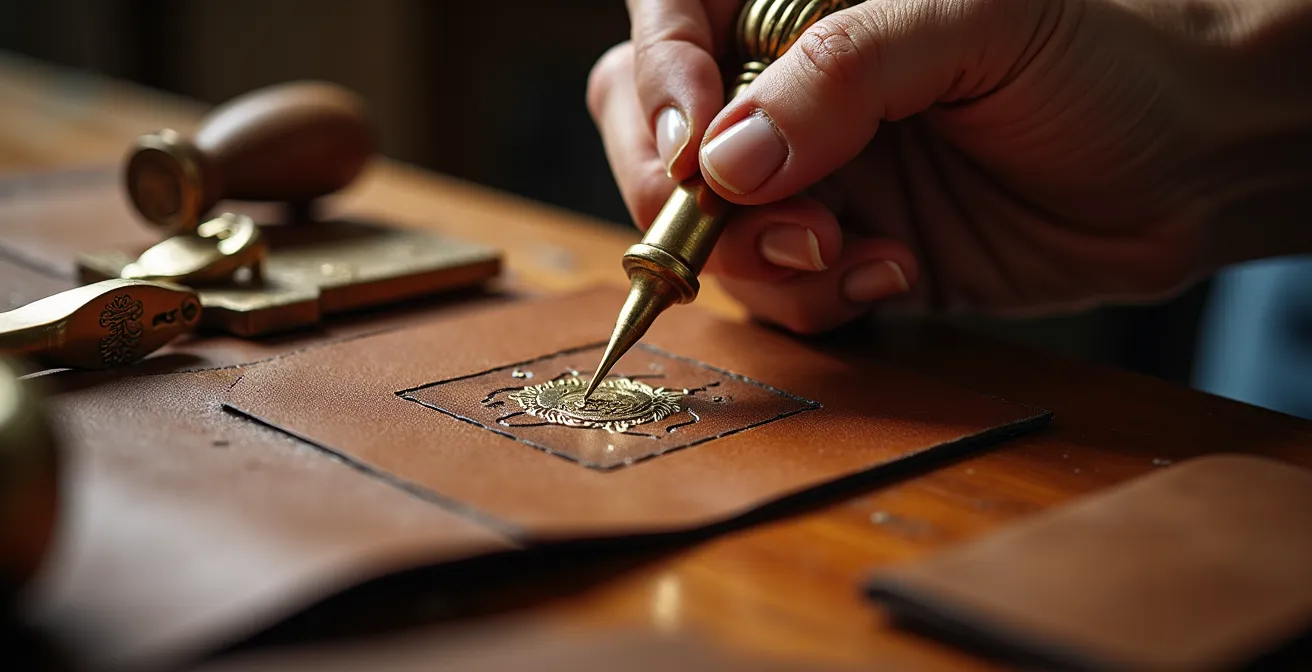 Manos de artesano trabajando en el grabado de un bolso de cuero en taller madrileño
