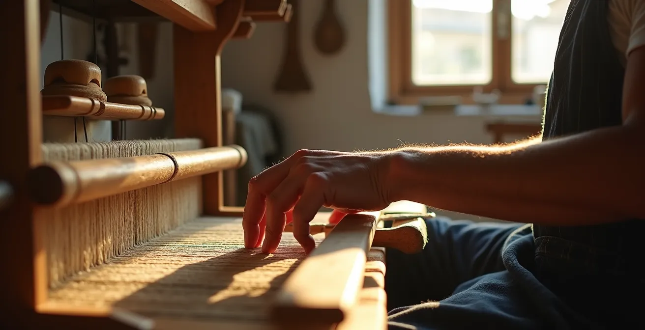 Manos artesanas trabajando en taller textil tradicional español con telares y herramientas ancestrales