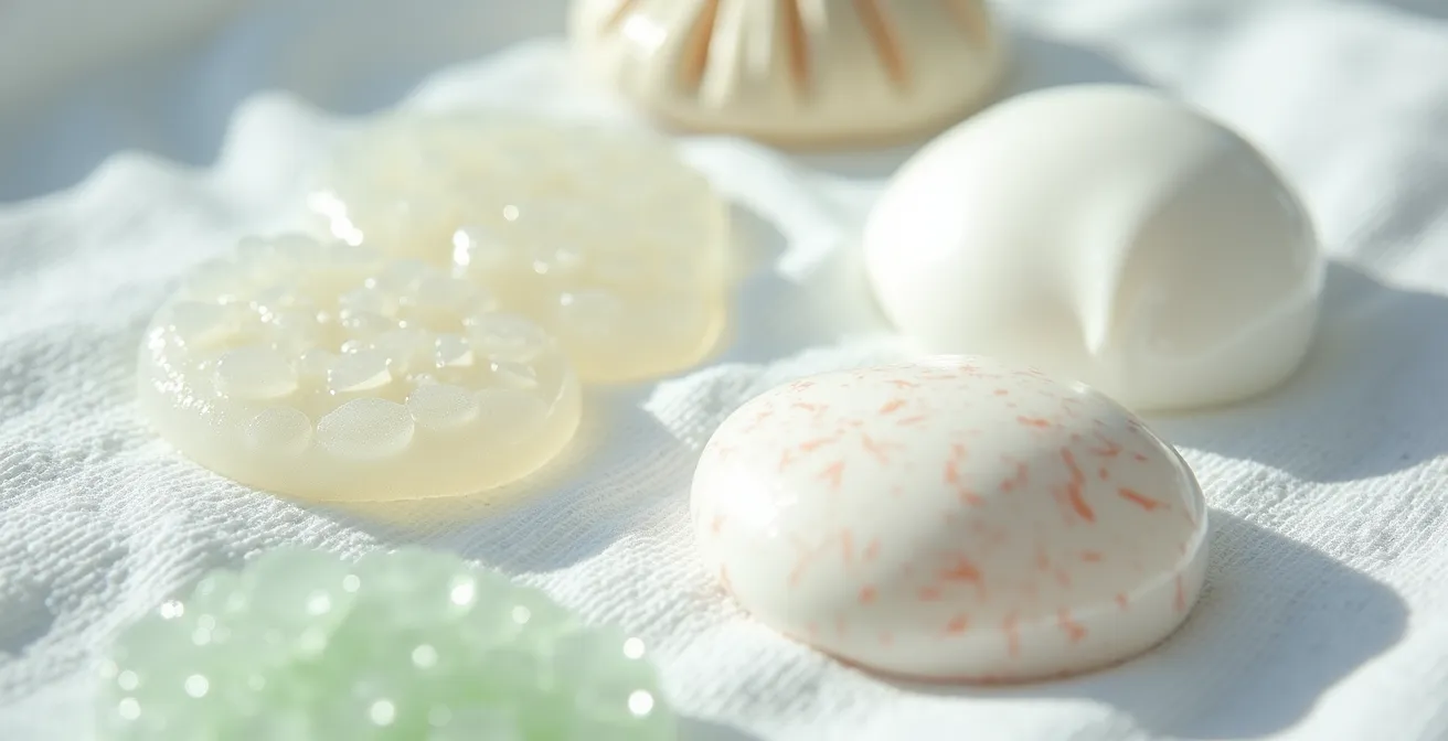 Kit de primeros auxilios para quemaduras solares con productos de farmacia española, mostrando texturas de gel y crema.