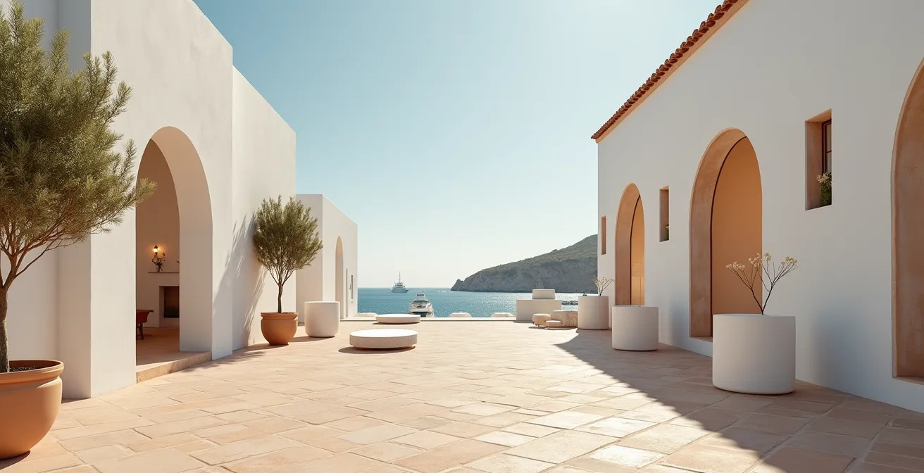 Boutique de lujo al aire libre en ambiente mediterráneo con arquitectura blanca típica