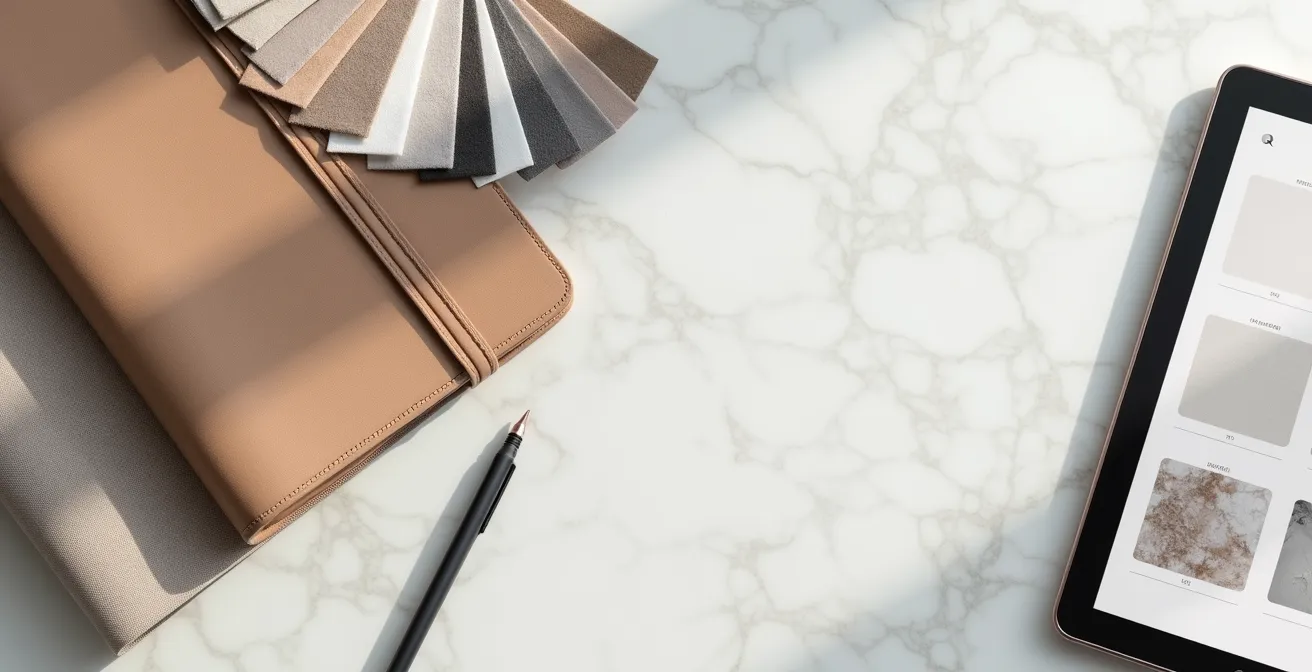 Mesa de trabajo con moodboard de estilo, muestras de tejidos y agenda de planificación para sesión de personal shopper