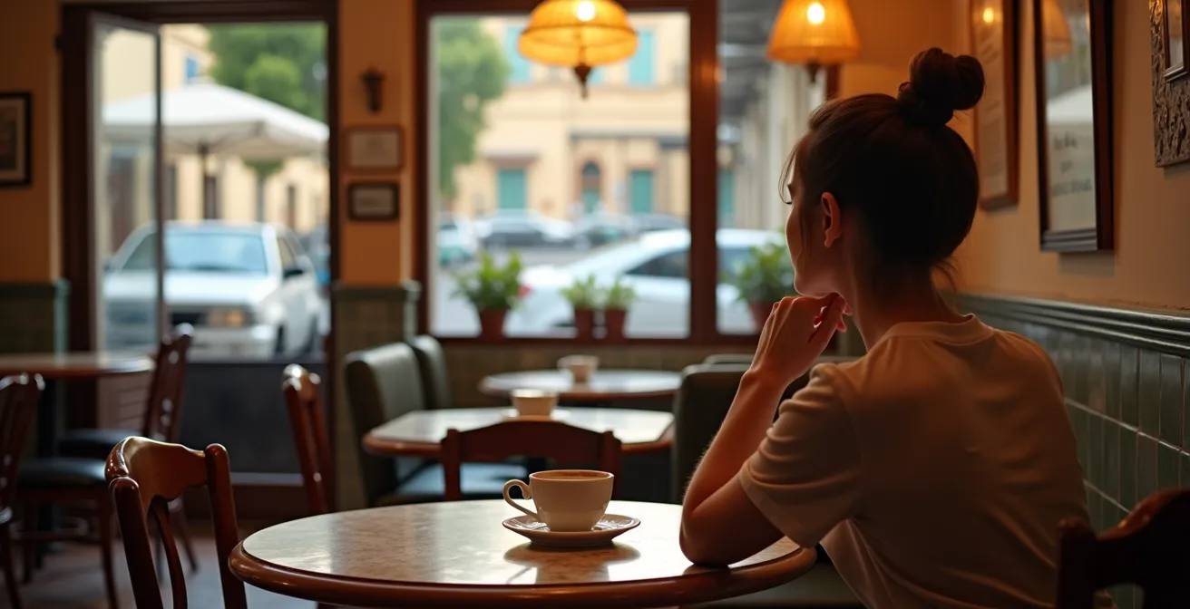 Interior acogedor de cafetería tradicional española con mesas de mármol y luz natural