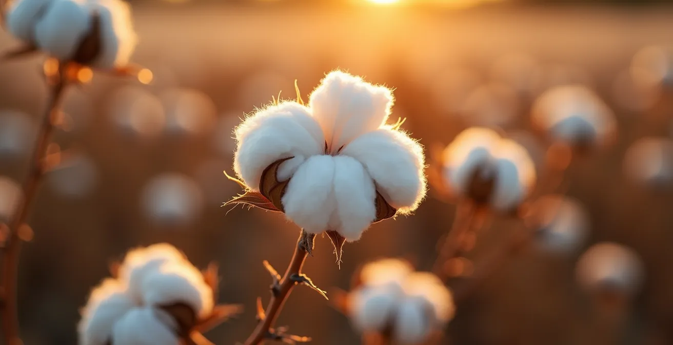 Vista panorámica de campos de algodón en floración en Andalucía al atardecer