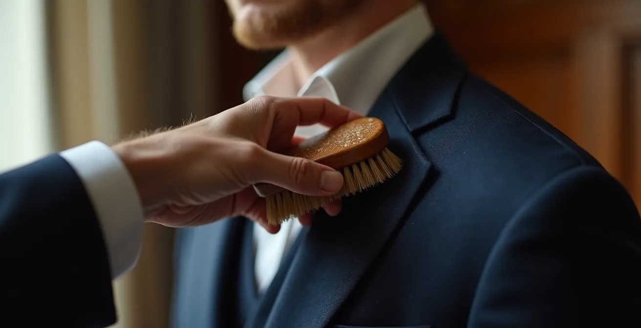 Cepillo de cerdas naturales sobre traje de lana español en proceso de mantenimiento