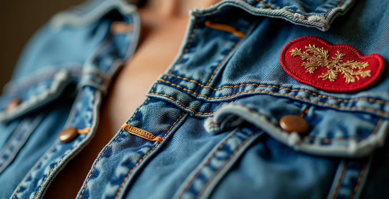 Detalle macro de parches cosidos artesanalmente en chaqueta vaquera
