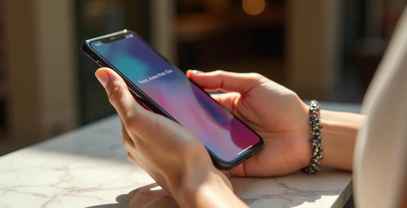 Manos sosteniendo un smartphone que muestra una notificación de nueva colección en una boutique valenciana