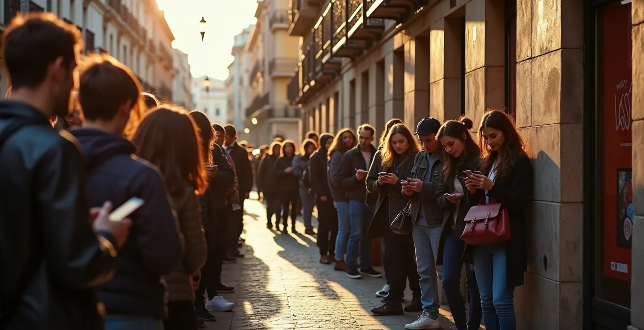 Vista aérea de una larga cola de personas esperando fuera de una tienda pop-up en una calle estrecha de Malasaña
