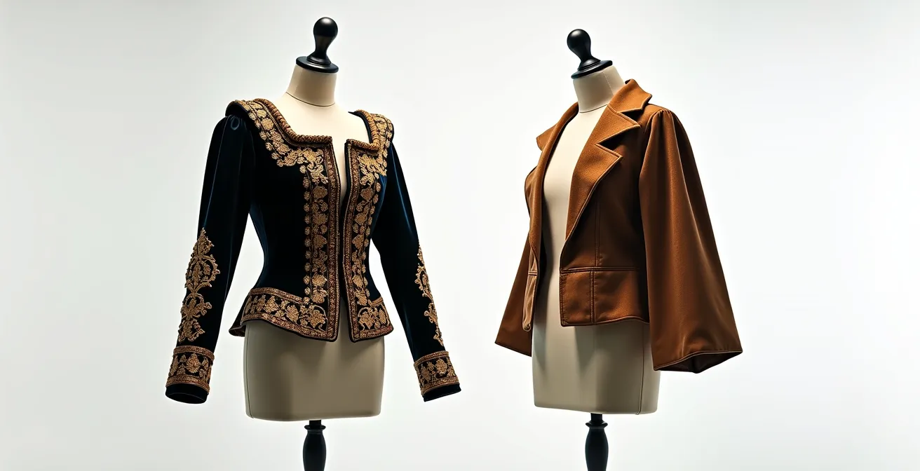 Comparación visual entre un jubón del siglo XVII y una chaqueta moderna de los años 80