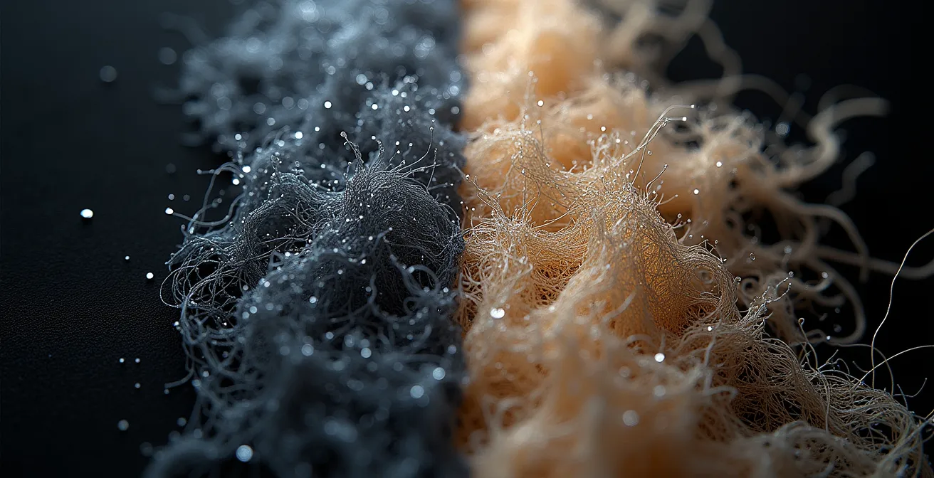 Comparación microscópica entre fibras de poliéster reciclado y lino natural de Galicia