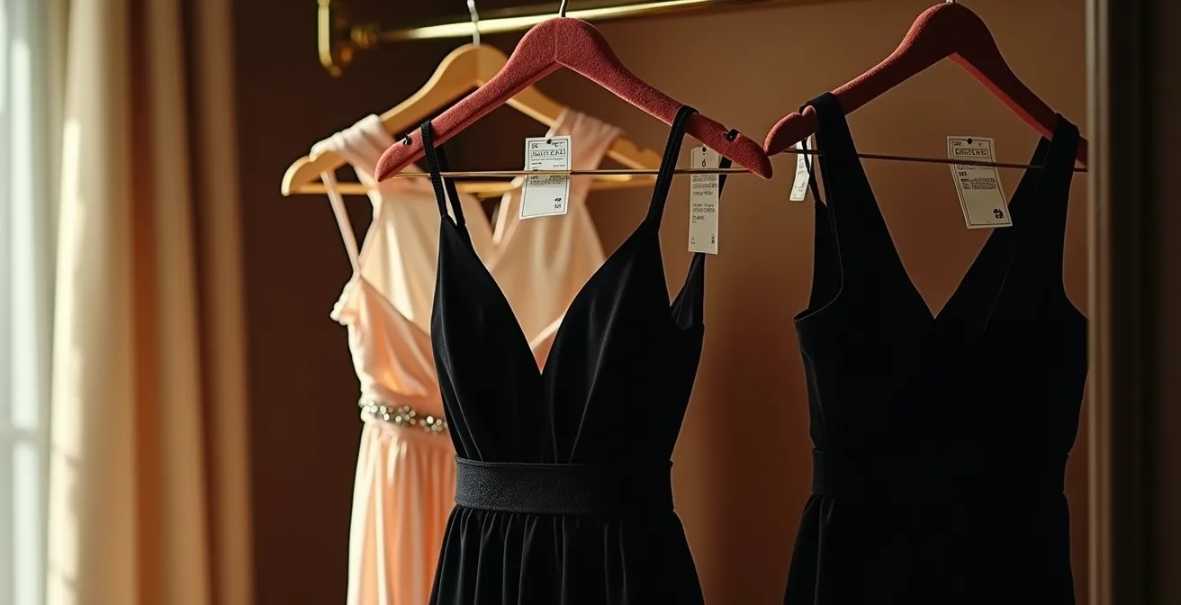 Perchero elegante con vestidos de gala en diferentes estilos y precios en boutique de lujo