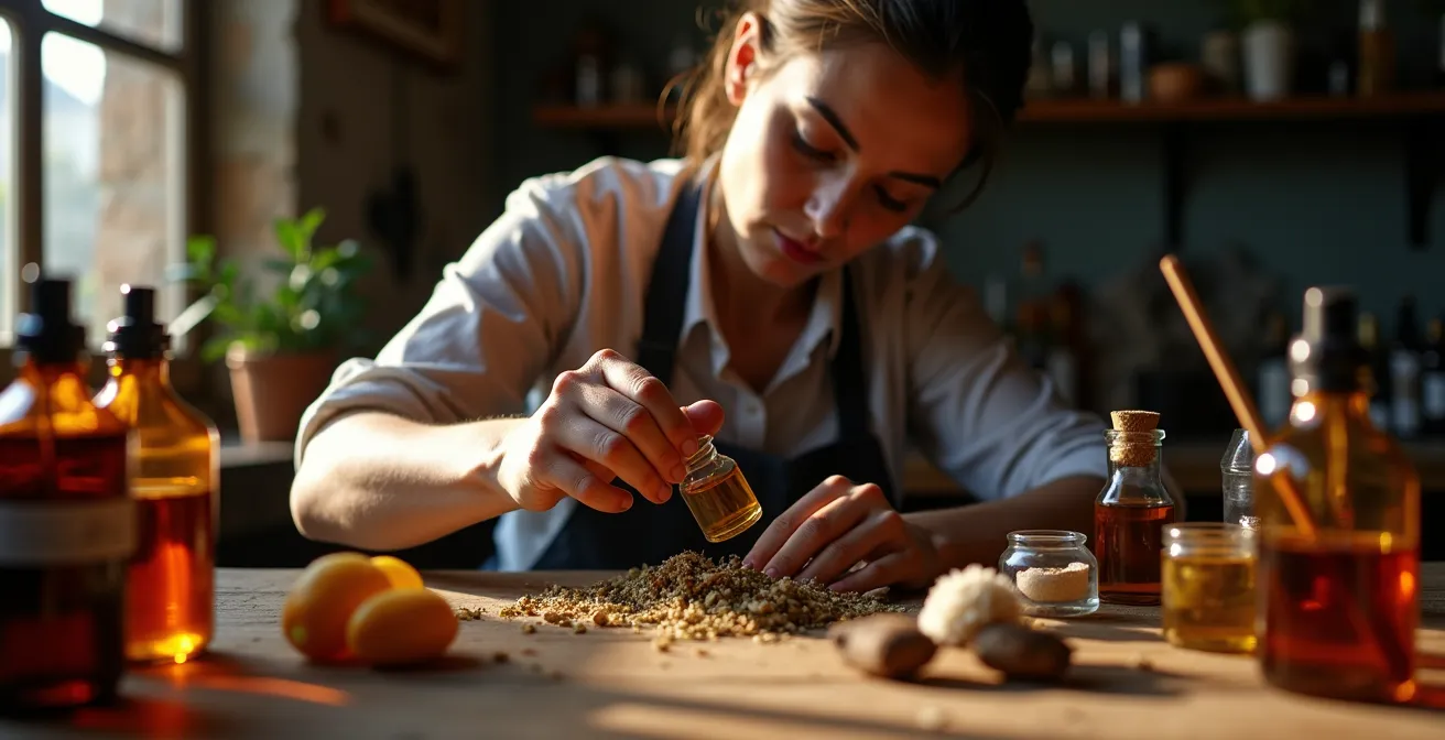 Retrato de perfumista trabajando con esencias naturales en taller artesanal mediterráneo
