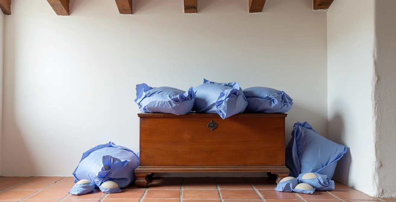 Interior de un arcón de cedro antiguo con mantones de Manila envueltos en papel de seda azul