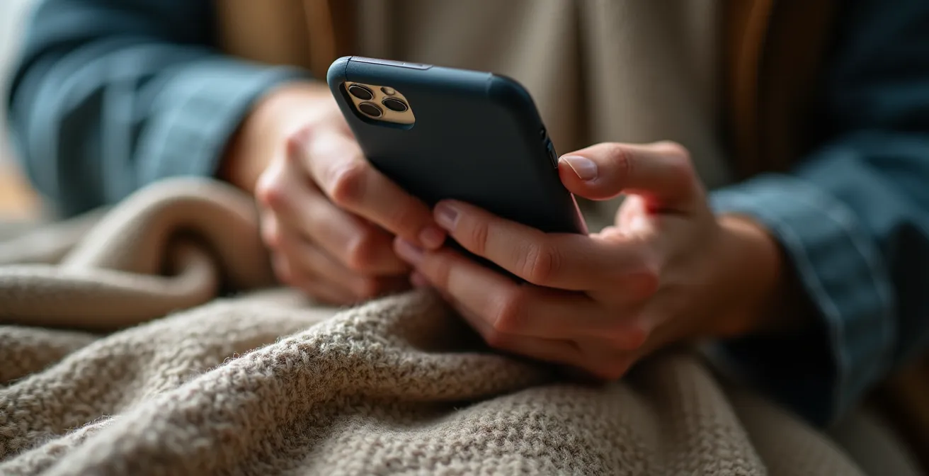 Manos sosteniendo un smartphone mostrando la parte trasera del dispositivo mientras una prenda artesanal está en primer plano