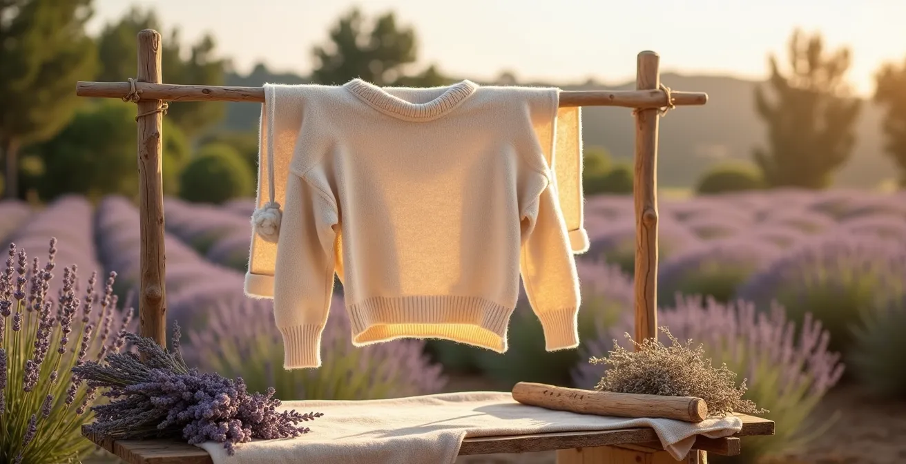 Detalle de fibras de lana merina española con elementos naturales de cuidado como la lavanda