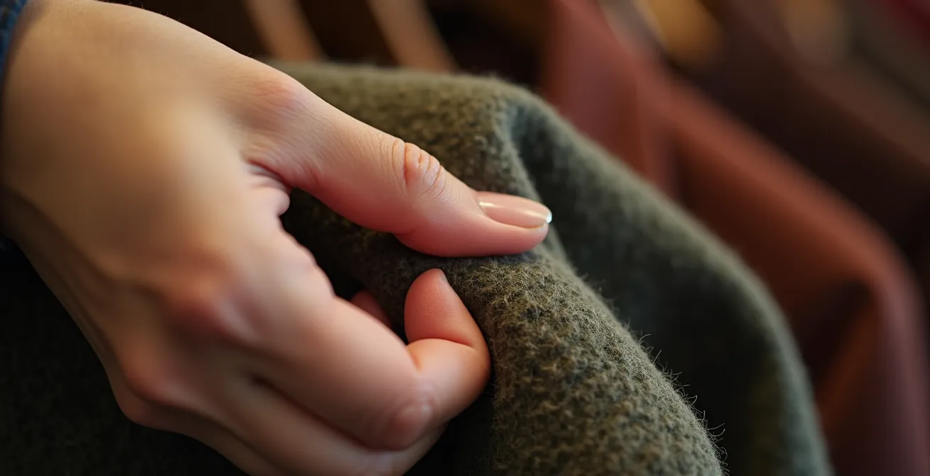 Primer plano macro de una mano sosteniendo una prenda exclusiva con etiqueta de precio, textura del tejido visible