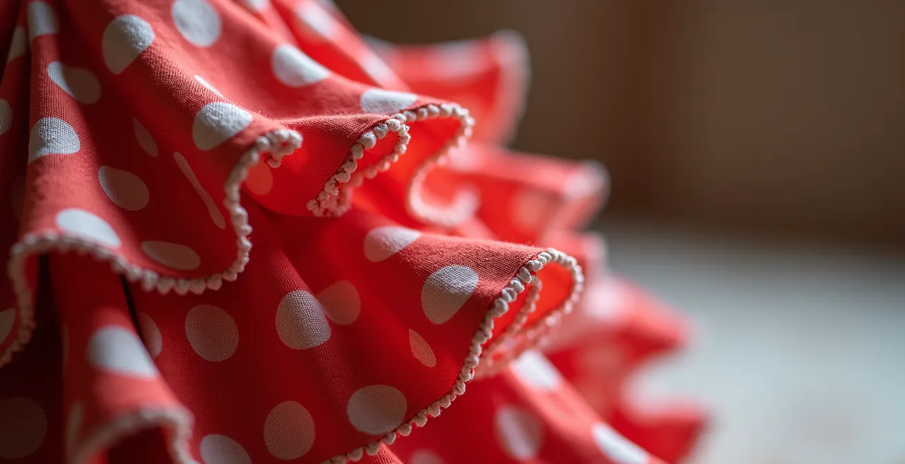 Detalle macro de volantes cosidos a mano en tejido de lunares que muestra la complejidad de la artesanía.