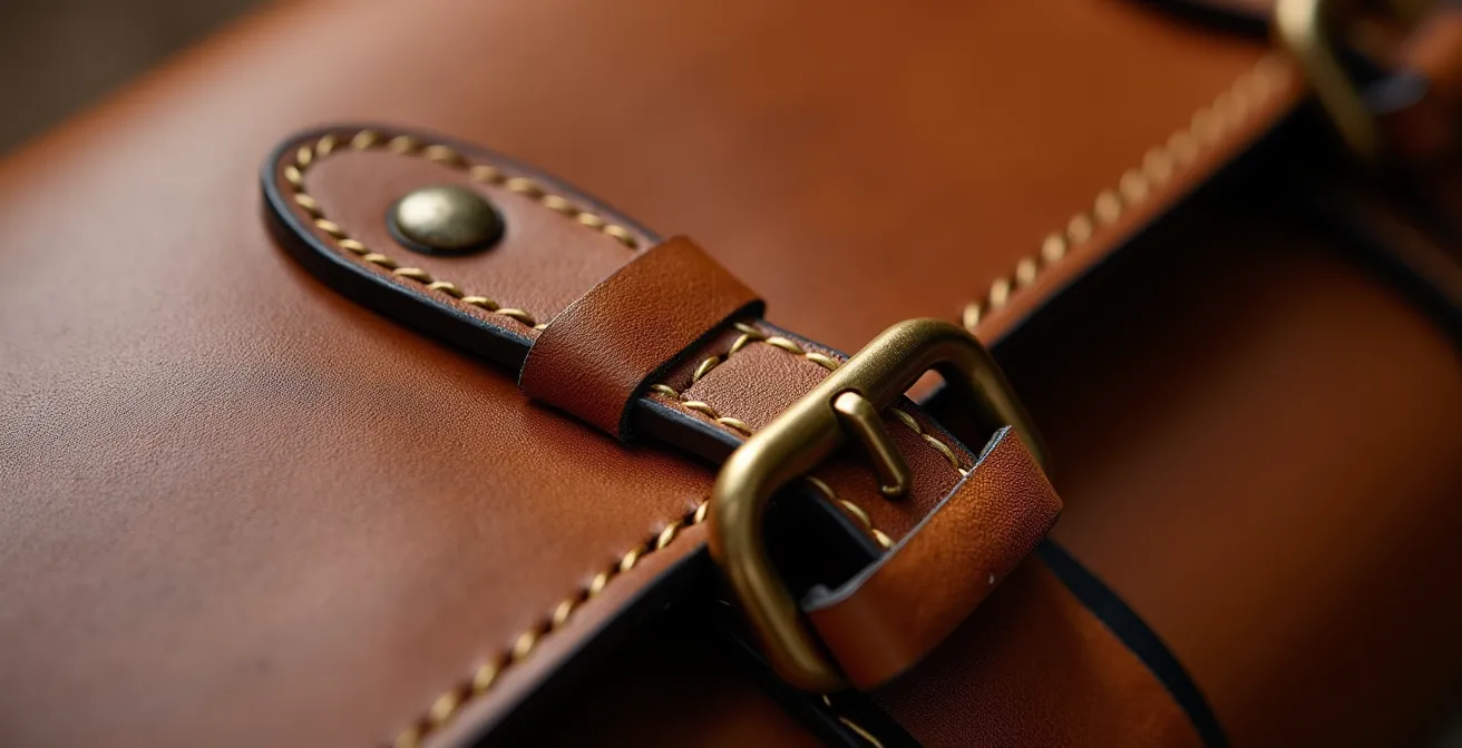 Detalle macro de costuras y herrajes de un bolso artesanal italiano mostrando los signos de autenticidad