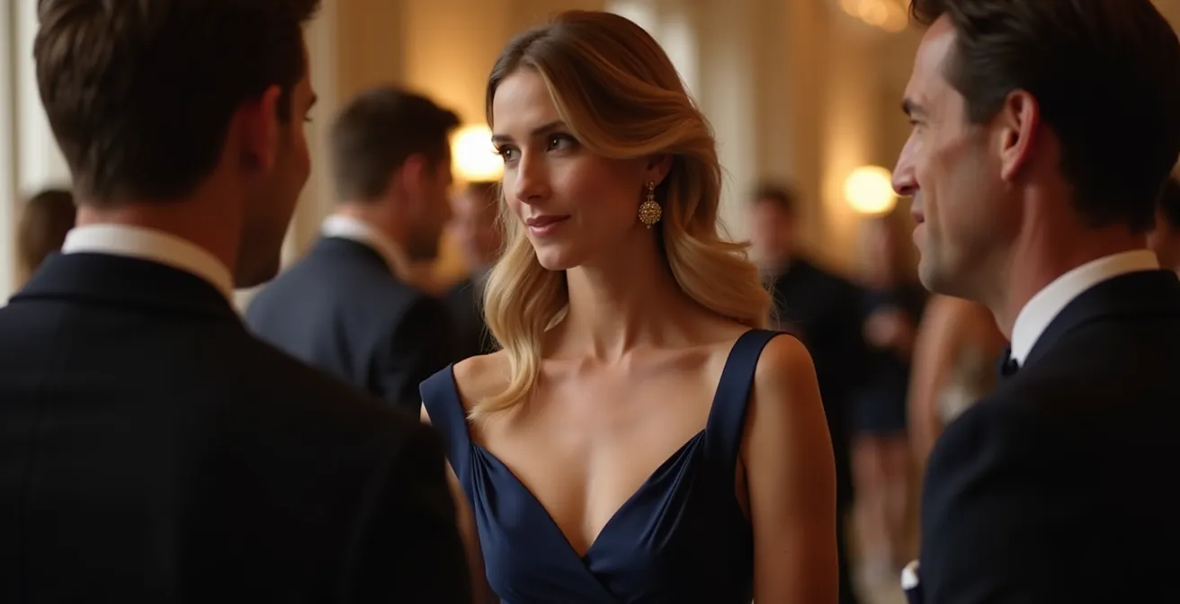 Silueta elegante de mujer con vestido sobrio en evento de gala con iluminación suave