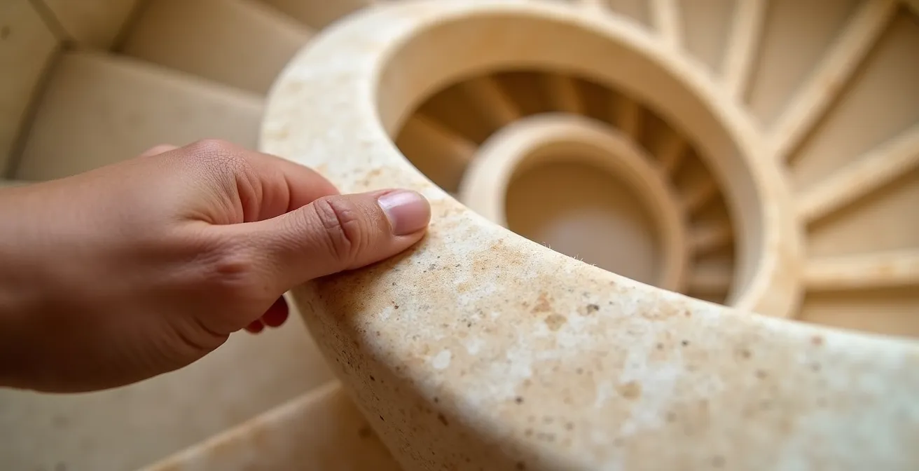 Escalera monumental de piedra caliza española en espiral con iluminación natural