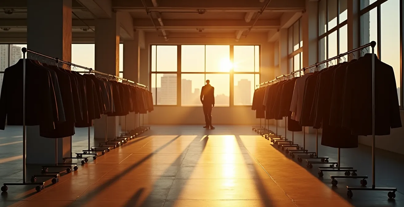 Showroom de moda vacío con perchas y luz natural entrando por ventanas