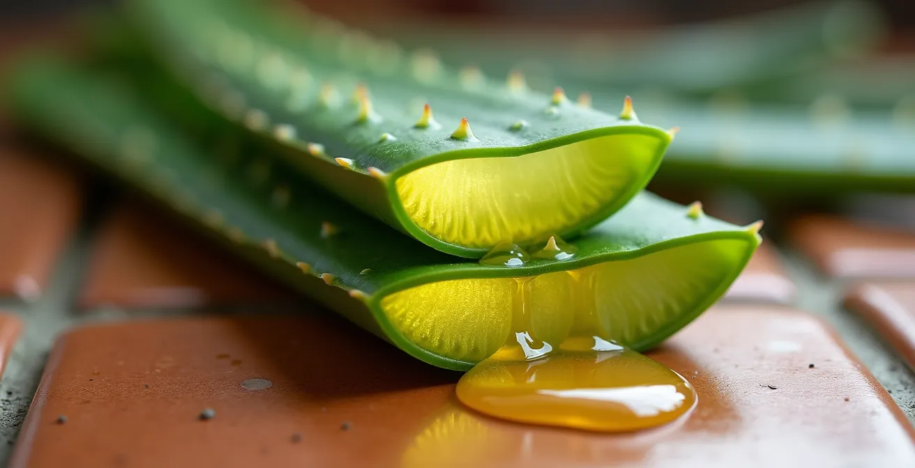 Proceso de extracción del gel de aloe vera mostrando el drenaje de la aloína