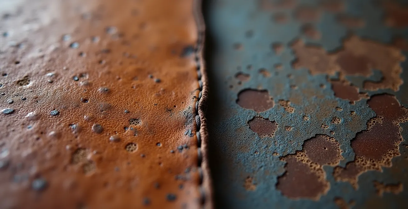 Detalle macro de dos chaquetas de cuero mostrando diferencias entre pátina natural y envejecimiento artificial