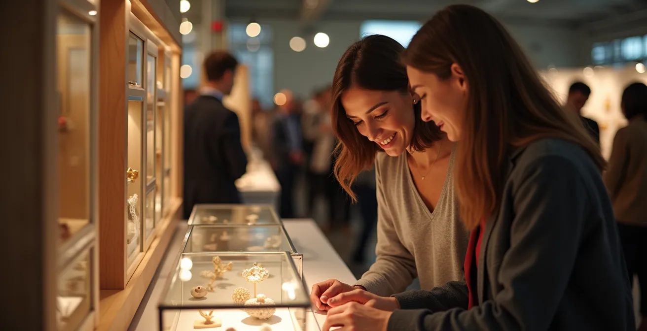 Vista ambiental de la feria JOYA Barcelona con artistas y visitantes en conversación
