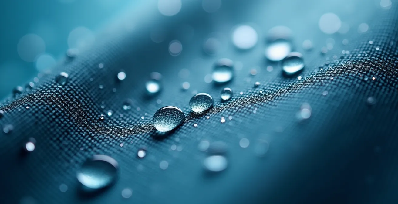 Detalle macro de gotas de agua formando perlas sobre un tejido técnico impermeabilizado de color oscuro