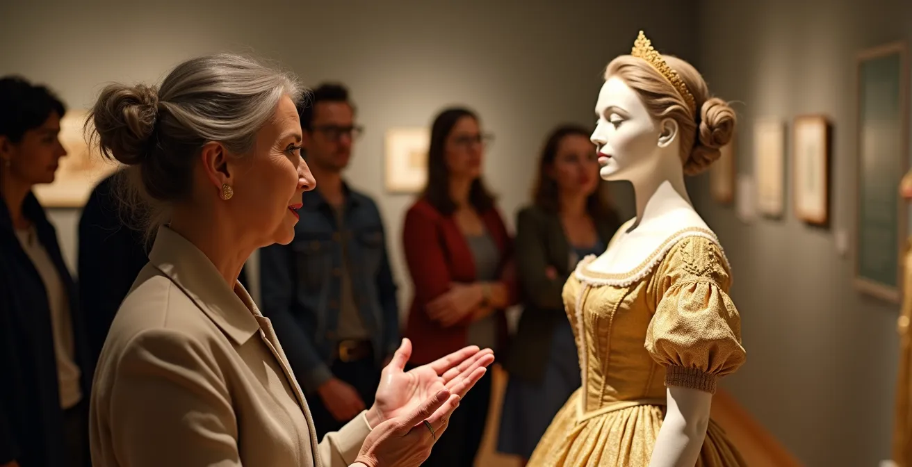 Guía de museo señalando detalles de un vestido del siglo XVIII ante un grupo de visitantes atentos