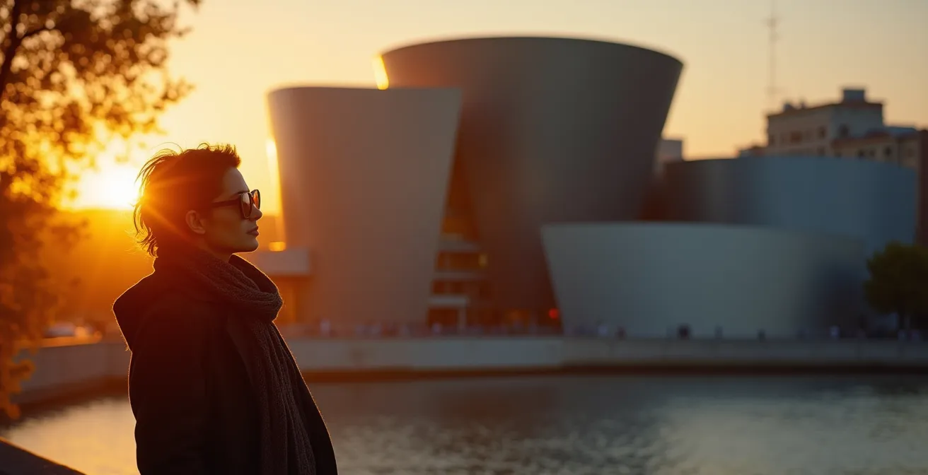 Atardecer reflejándose en el titanio del Guggenheim y la ría de Bilbao
