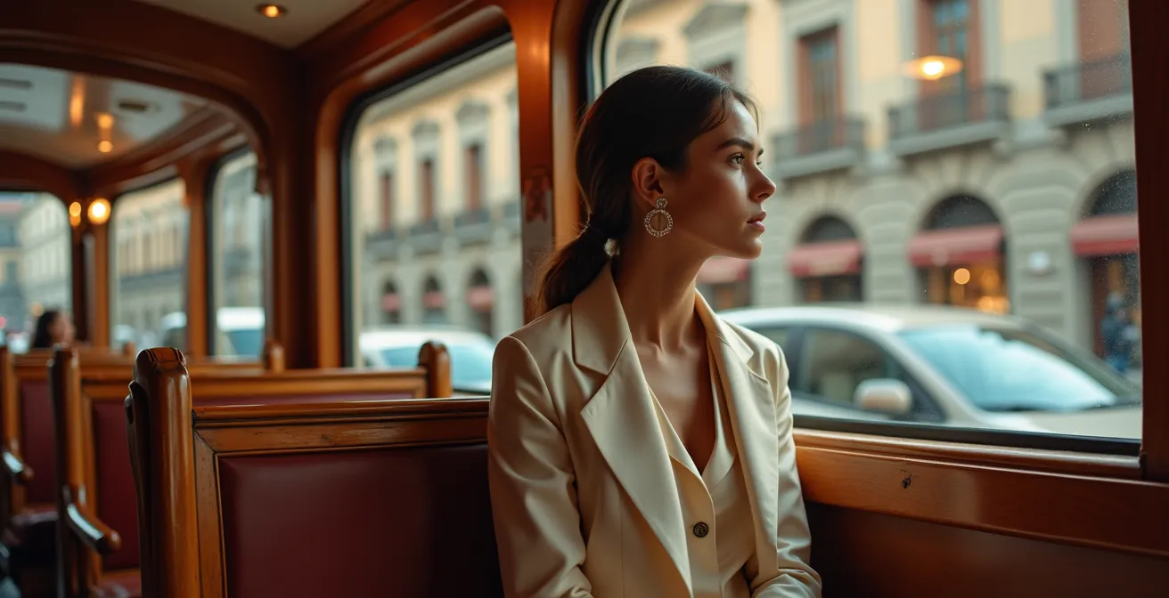 Interior vintage del tranvía de Milán con asientos de madera y ventanas amplias mostrando la ciudad