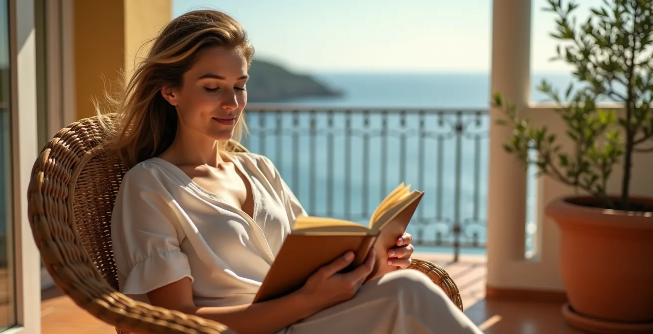 Persona leyendo en terraza de hotel con vista al mar Mediterráneo