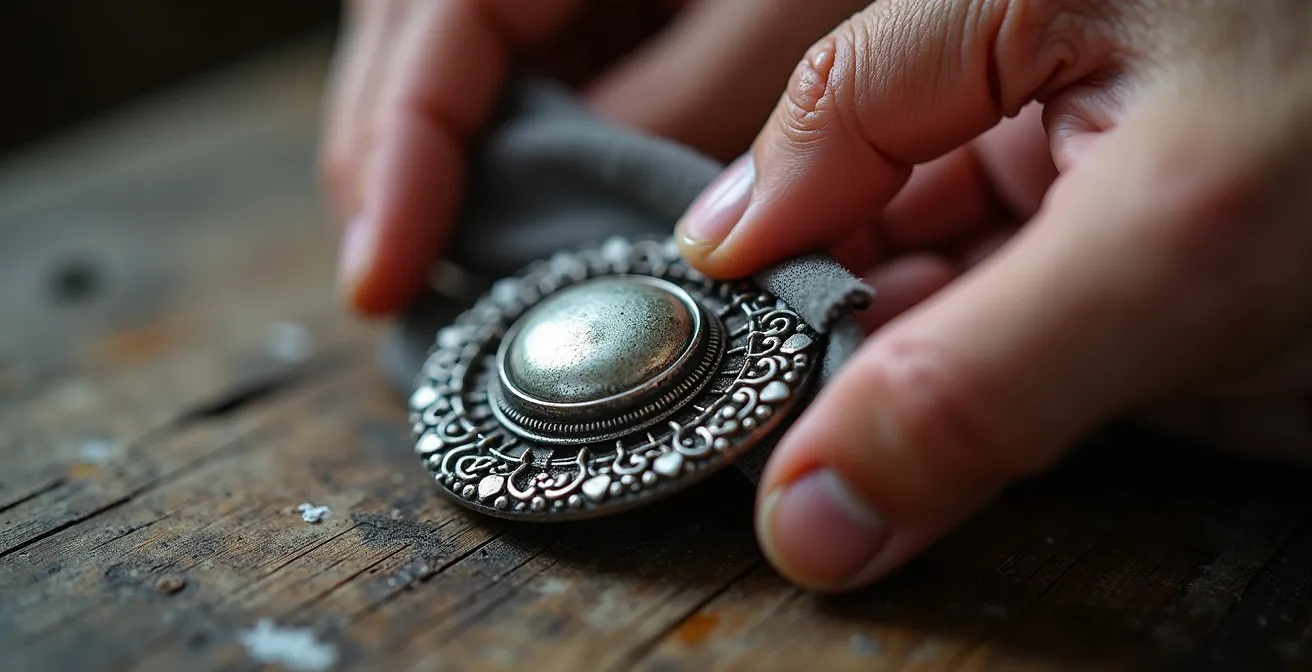 Manos expertas limpiando delicadamente joya de plata antigua con paño suave