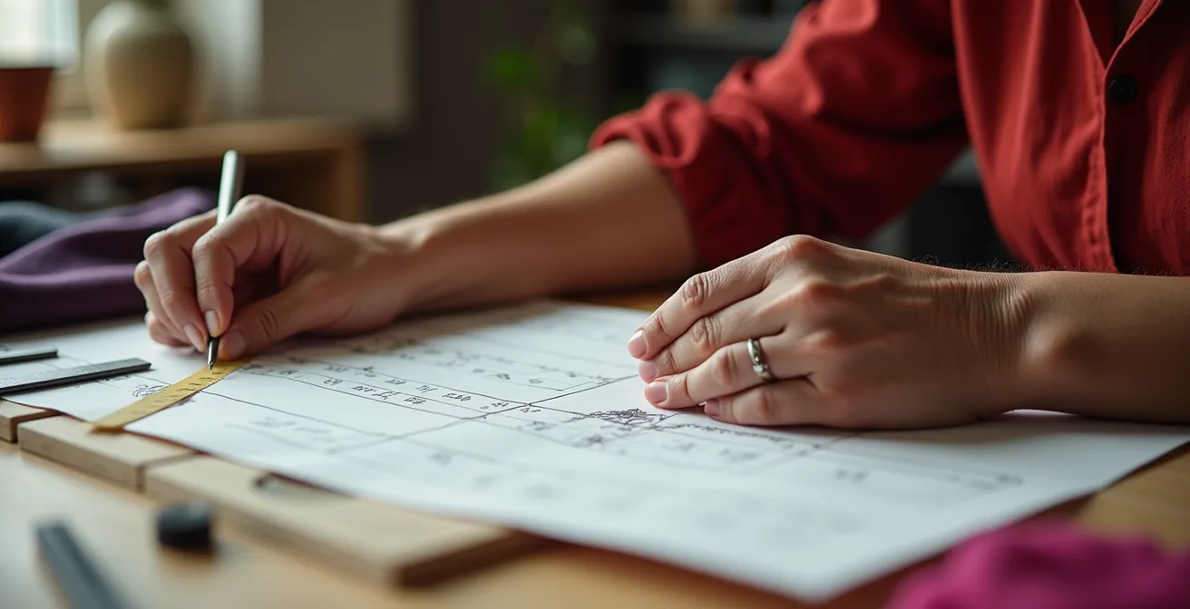 Manos expertas de una artesana trabajando con precisión sobre un patrón de vestido de flamenca en una mesa de taller.