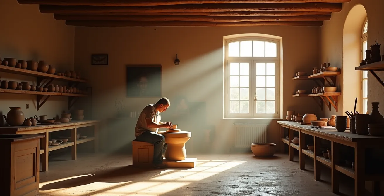 Manos expertas de ceramista español moldeando pieza en torno de alfarería