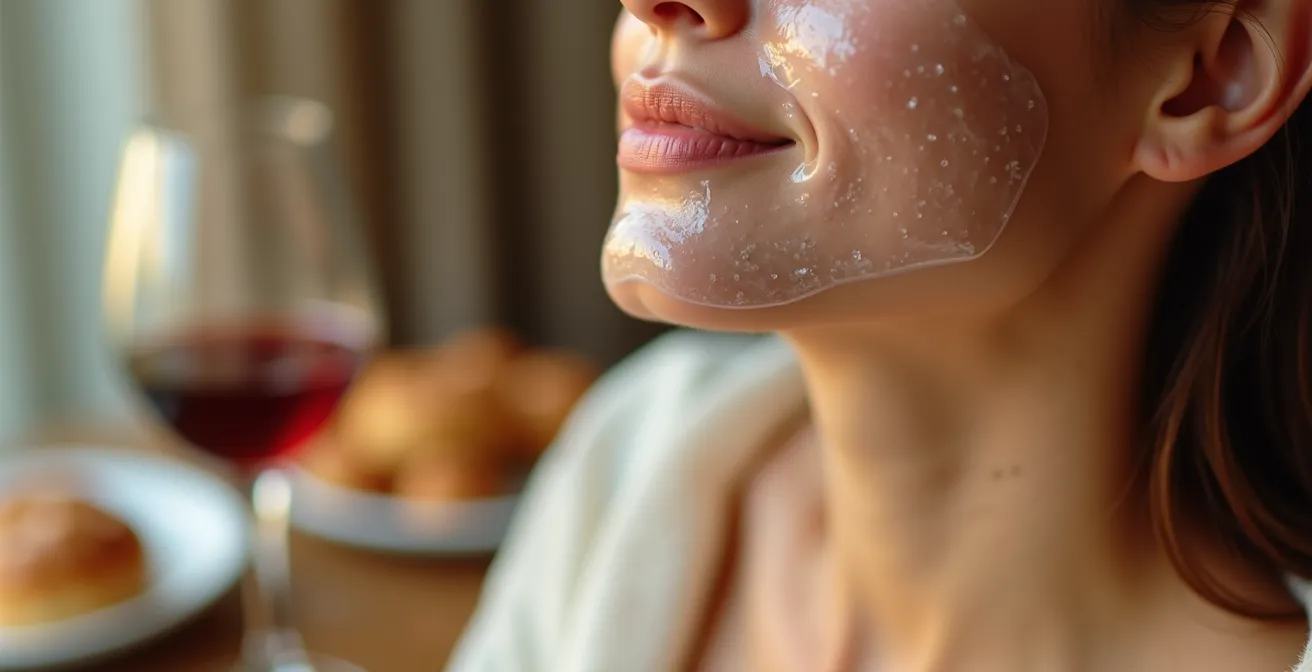 Escena minimalista de spa en habitación de hotel con mascarilla facial y elementos de relajación