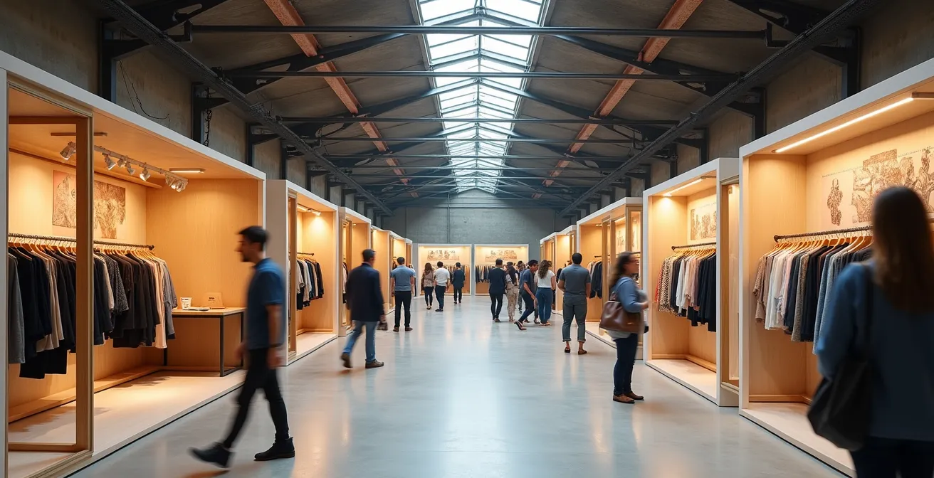 Vista panorámica de un mercado de diseño en Barcelona con stands de moda sostenible