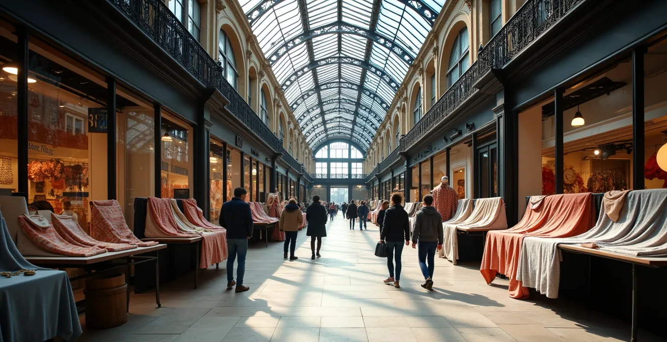 Vista amplia del mercado de Spitalfields con puestos de diseñadores jóvenes y arquitectura victoriana