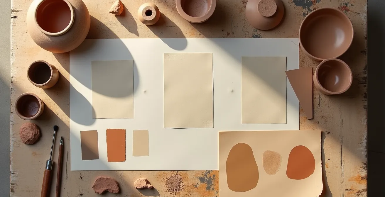 Mesa de trabajo con bocetos, muestras de esmaltes y herramientas de ceramista en Valencia