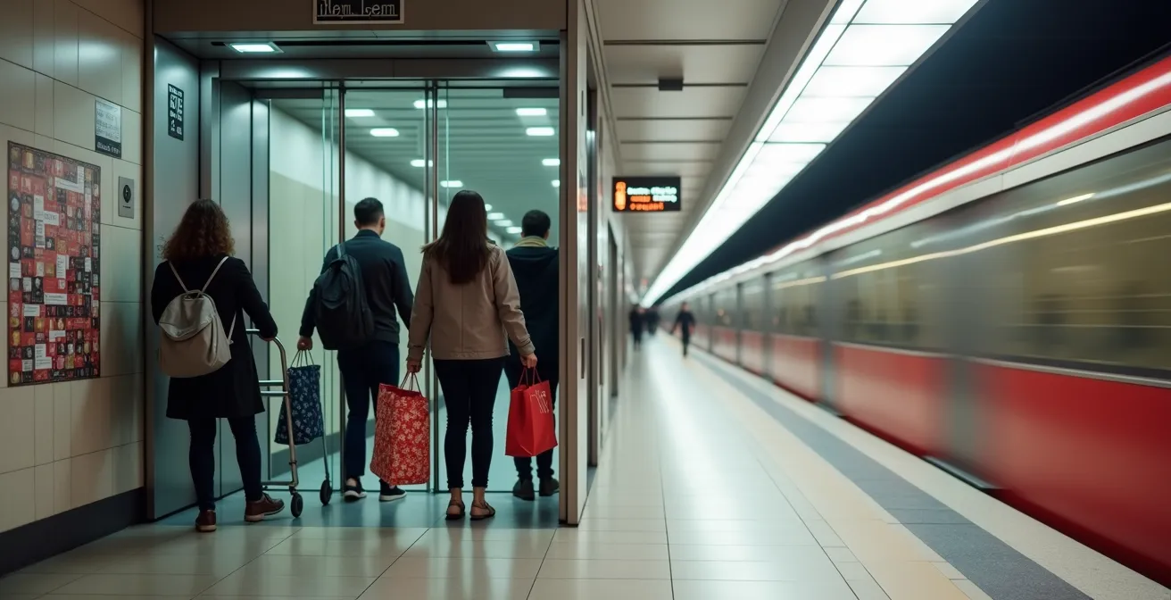 Interior de estación de Metro de Madrid mostrando ascensor amplio y señalización de accesibilidad