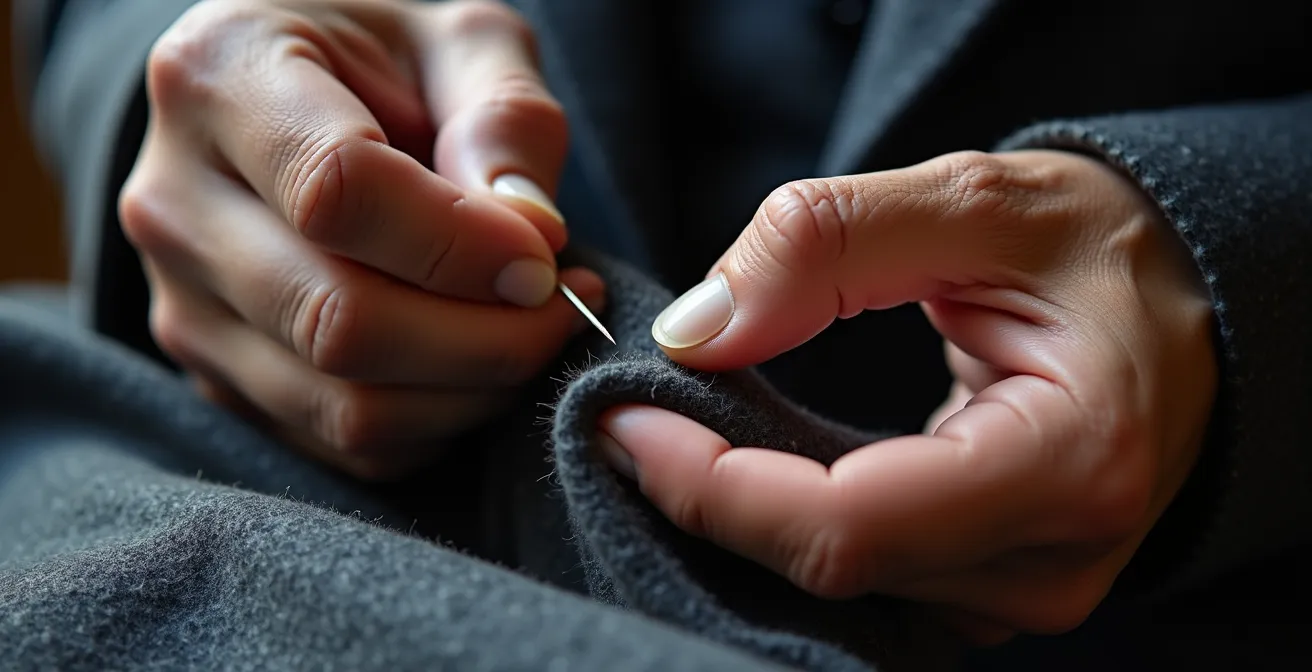 Detalle extremo del ojal milanés cosido a mano mostrando la técnica artesanal