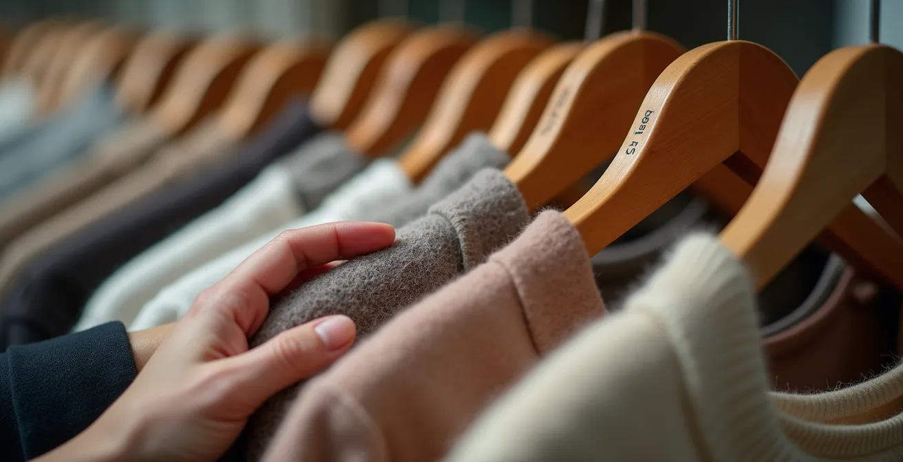 Detalle de perchas organizadas por tallas en venta privada de lujo