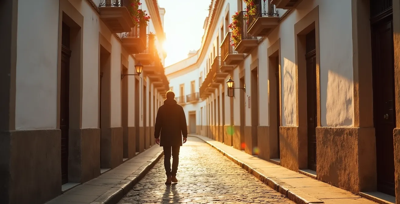 Persona caminando por callejuela empedrada del barrio Santa Cruz en Sevilla al atardecer sin dispositivos