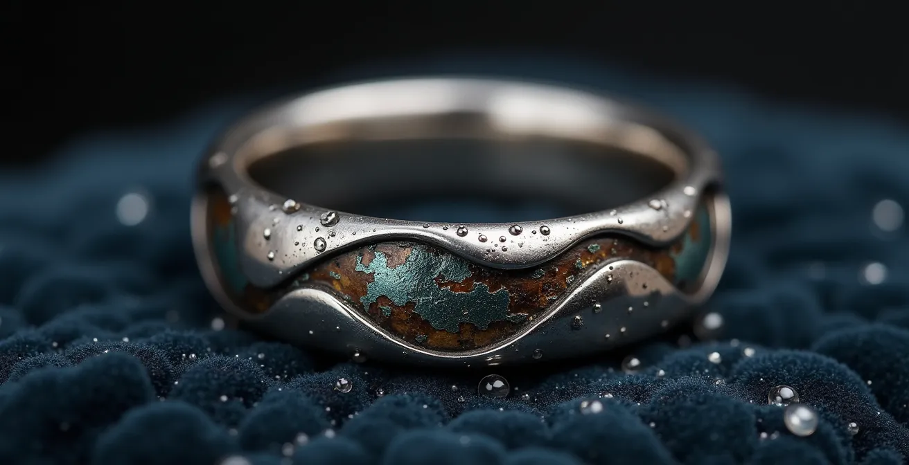 Detalle macro de anillo de plata con pátina artística mostrando contrastes de oxidación