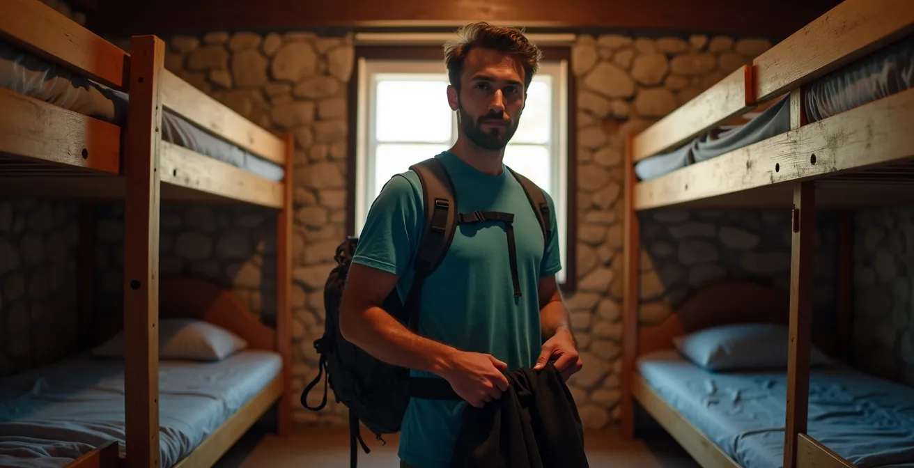 Un peregrino con ropa técnica organiza su mochila dentro de un albergue rústico del Camino de Santiago, con luz natural entrando por la ventana